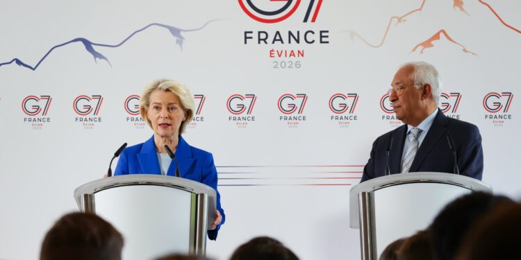 La presidente della Commissione europea, Ursula Von der Leyen, e il presidente del Consiglio Europeo, Antonio Costa durante la conferenza stampa del G7 ad Evian, in Francia. Crediti: Commissione europea
