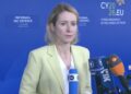 L'Alta rappresentante per la Politica Estera dell'UE, Kaja Kallas, durante la riunione informale dei ministri della Difesa a Cipro (via EBS)