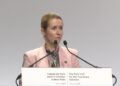 L'Alta rappresentante per la politica estera UE, Kaja Kallas, durante il suo discorso a Parigi (via EBS)