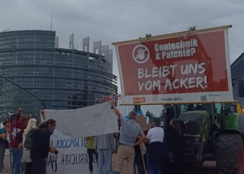 Manifestazione di agricoltori, allevatori, ambientalisti e cittadini, che nella mattinata di ieri, si sono riuniti di fronte all’emiciclo di Strasburgo per chiedere il respingimento il provvedimento sulle NGT. [Foto: Eunews]