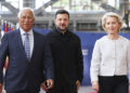 Da sinistra: il presidente del Consiglio europeo, Antonio Costa; il presidente dell'Ucraina, Volodymir Zelensky: la presidente della Commissione europea, Ursula von der Leyen [Bruxelles, 18 giugno 2024. Foto: European Council]