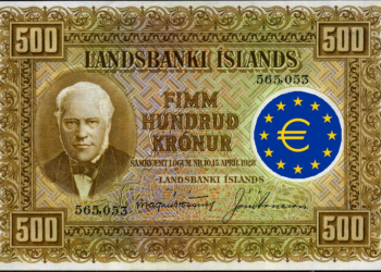 Banconota da 500 corone islandesi [foto: By Central Bank of Iceland, Bradbury Wilkinson, New Malden. - http://coinsbanknotespictures.blogspot.com/2012/06/currency-of-iceland-500-kronur-banknote.html, Public Domain, https://commons.wikimedia.org/w/index.php?curid=29951906, elaborazione eunews]