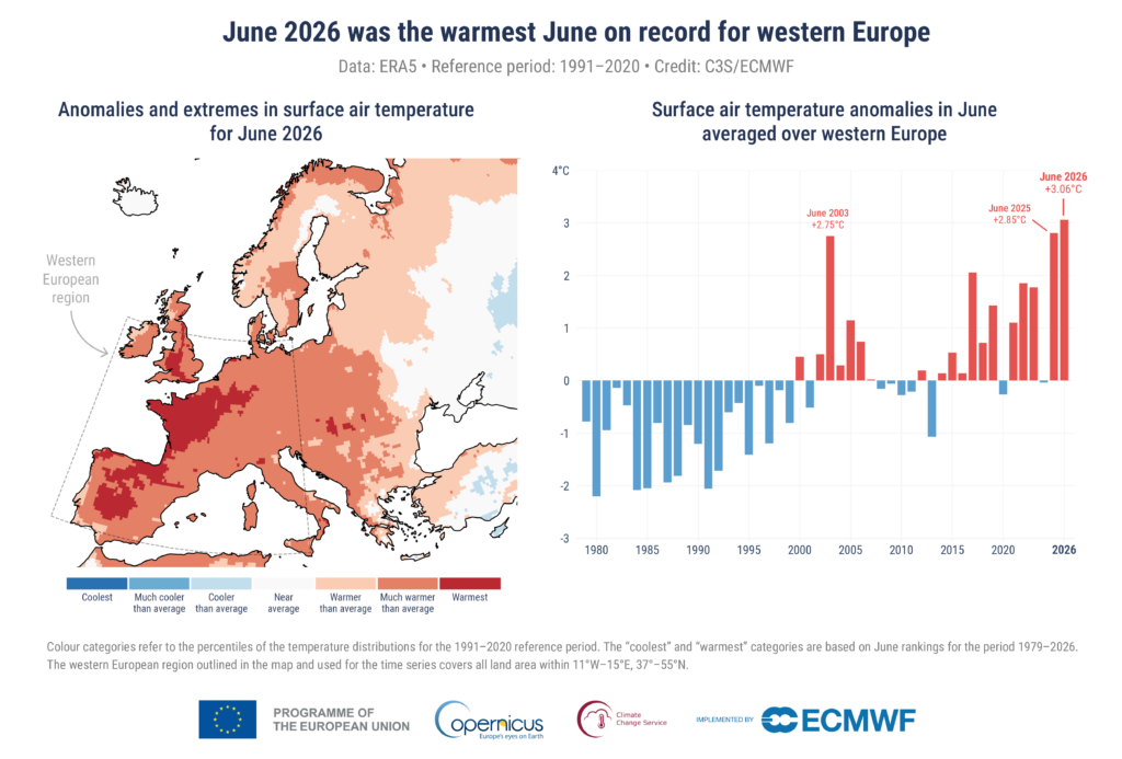 Mappa che mostra le anomalie e i valori estremi della temperatura dell'aria in superficie per giugno 2026 Fonte: Servizio relativo ai cambiamenti climatici e del Servizio marino di Copernicus