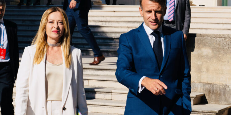 LA PRESIDENTE DEL CONSIGLIO GIORGIA MELONI, EMMANUEL MACRON PRESIDENTE FRANCIA