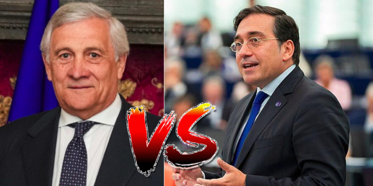 Il ministro degli Esteri, Antonio Tajani (sinistra) e l'omologo di Spagna, José Manuel Albares. Tra i due è scontro sui migranti