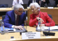 Piero Cipollone e la presidente della BCE, Christine Lagarde, nel corso di una riunione dell'eurogruppo [Bruxelles, 9 luglio 2026. Foto: François Lenoir/imagoeconomica]