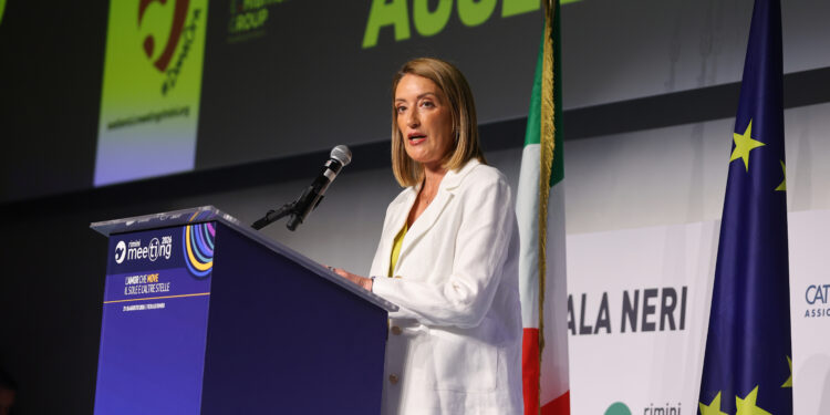 La presidente del Parlamento europeo, Roberta Metsola, al Meeting di Rimini 2026. Crediti: Alessandro Amoruso via Imagoeconomica