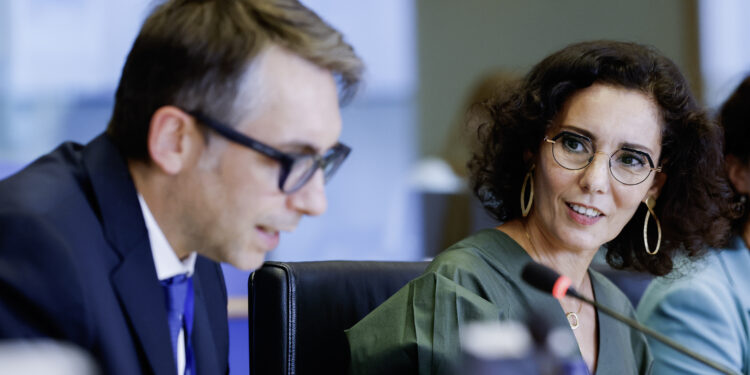 Da sinistra a destra l'eurodeputato (S&D), Pierfrancesco Maran, e la commissaria europea per la Gestione delle crisi e uguaglianza, Hadja Lahbib.