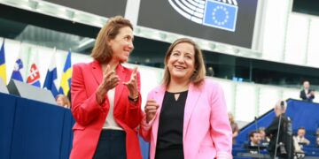 La presidente del gruppo Renew Europe, Valeriè Hayer, e la presidente del gruppo dei Socialisti e democratici (S&D), Iratxe Garcia Perez. 16 settembre 2026. Source: EU Parliament