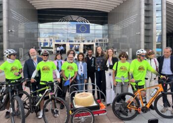 Arrivo dei ciclisti al Parlamento europeo. Crediti: Eunews