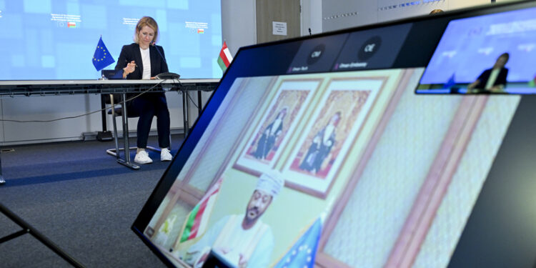 L'Alta rappresentante per la politica estera e di sicurezza dell'UE, Kaja Kallas, sullo sfondo [foto: European Council