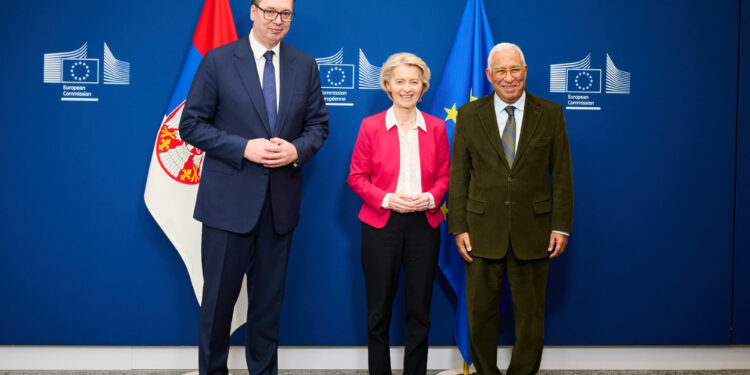 ALEKSANDAR VU?I? PRESIDENTE SERBIA, URSULA VON DER LEYEN PRESIDENTE COMMISSIONE EUROPEA, ANTONIO COSTA PRESIDENTE CONSIGLIO EUROPEO