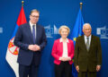 ALEKSANDAR VUCIC PRESIDENTE SERBIA, URSULA VON DER LEYEN PRESIDENTE COMMISSIONE EUROPEA, ANTONIO COSTA PRESIDENTE CONSIGLIO EUROPEO, DICEMBRE 2025 (Imagoeconomica)