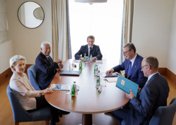 URSULA VON DER LEYEN PRESIDENTE COMMISSIONE EUROPEA, ANTÓNIO COSTA PRESIDENTE CONSIGLIO EUROPEO, EMMANUEL MACRON PRESIDENTE FRANCIA, ALEKSANDAR VU?I? PRESIDENTE SERBIA, FRIEDRICH MERZ CANCELLIERE DELLA REPUBBLICA FEDERALE DI GERMANIA (Imagoeconomica)