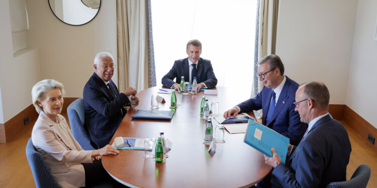 URSULA VON DER LEYEN PRESIDENTE COMMISSIONE EUROPEA, ANTÓNIO COSTA PRESIDENTE CONSIGLIO EUROPEO, EMMANUEL MACRON PRESIDENTE FRANCIA, ALEKSANDAR VU?I? PRESIDENTE SERBIA, FRIEDRICH MERZ CANCELLIERE DELLA REPUBBLICA FEDERALE DI GERMANIA (Imagoeconomica)